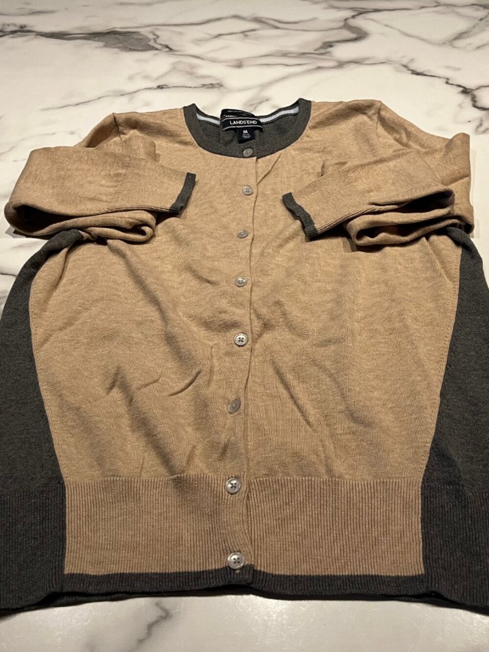 Lands’ End 100% Supima Cotton Colorblock Crewneck Cardigan Sweater M 10-12